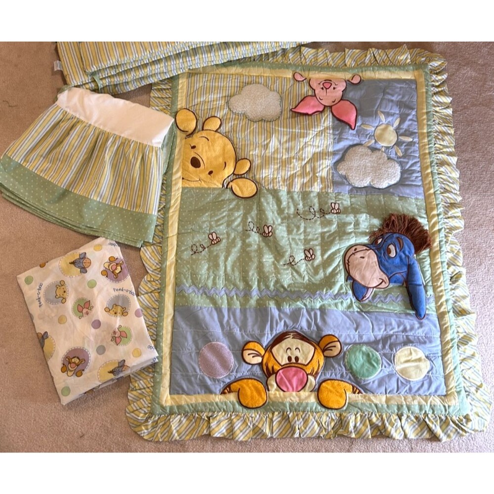 Vintage Disney Peek a Pooh Boo 3 Piece Crib Set Quilted Comforter Sheet Ruffle